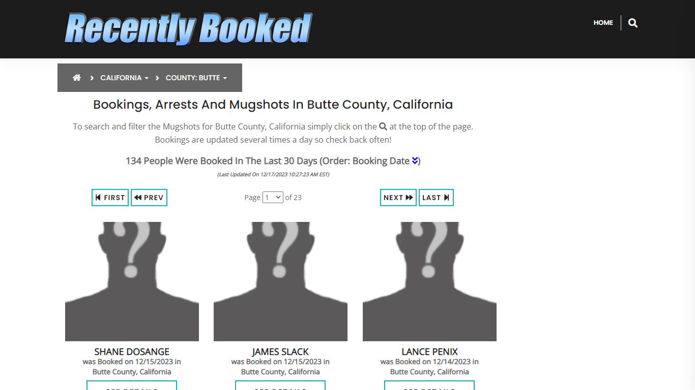 Recent bookings, Arrests, Mugshots in Butte County, California